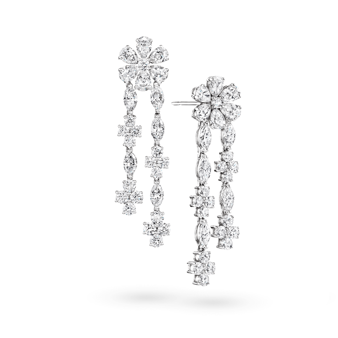 Angled view of the Forget-Me-Not Diamond Drop Earrings