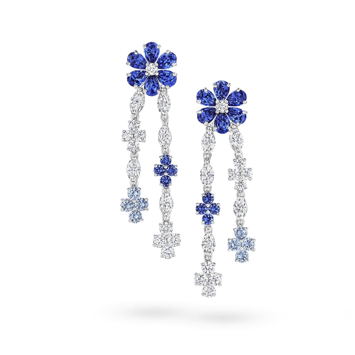 Front view of the Forget-Me-Not Sapphire and Diamond Drop Earrings