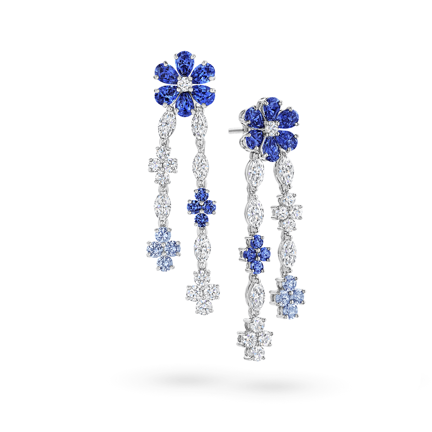 Angled view of the Forget-Me-Not Sapphire and Diamond Drop Earrings