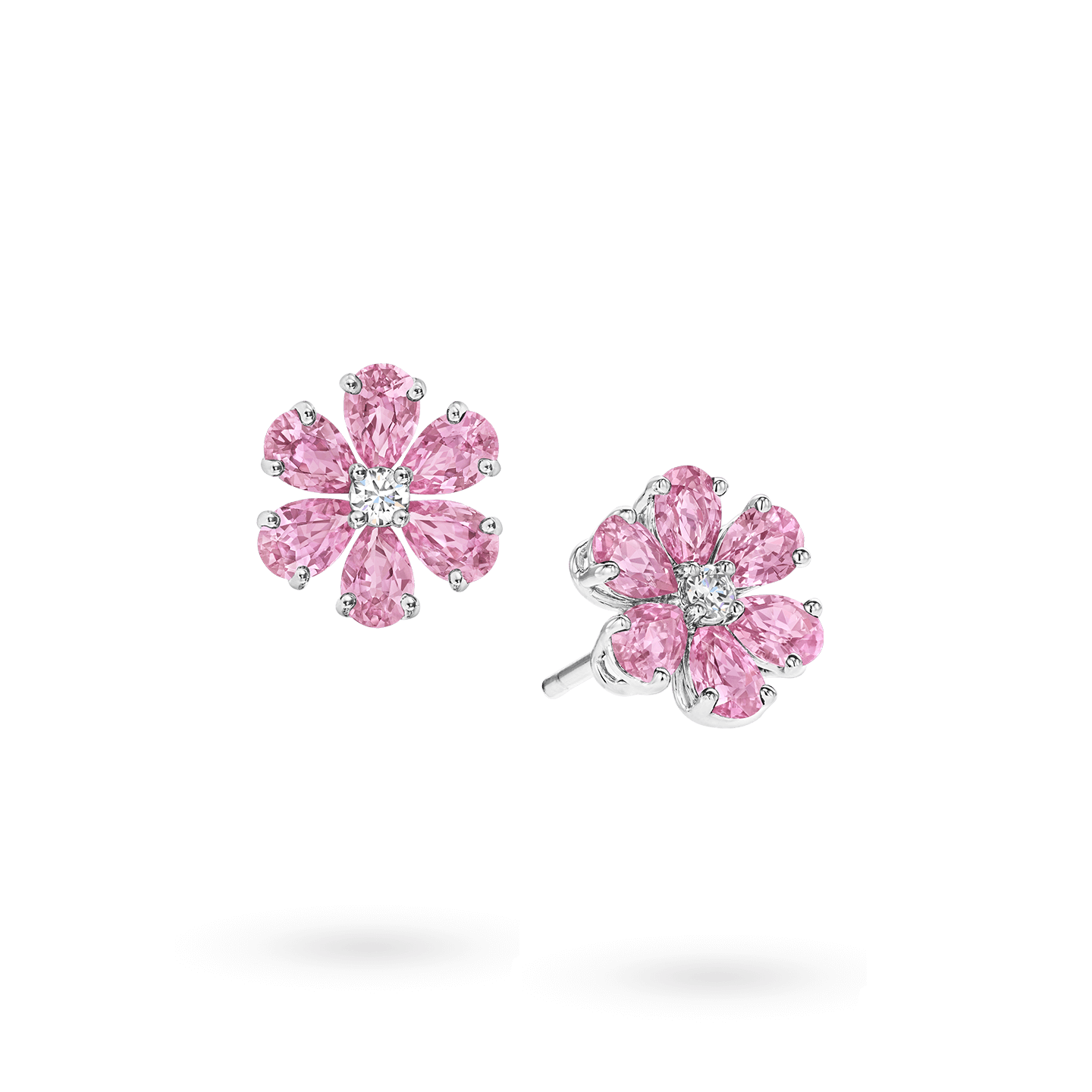 Angled view of the Forget-Me-Not Pink Sapphire and Diamond Earrings