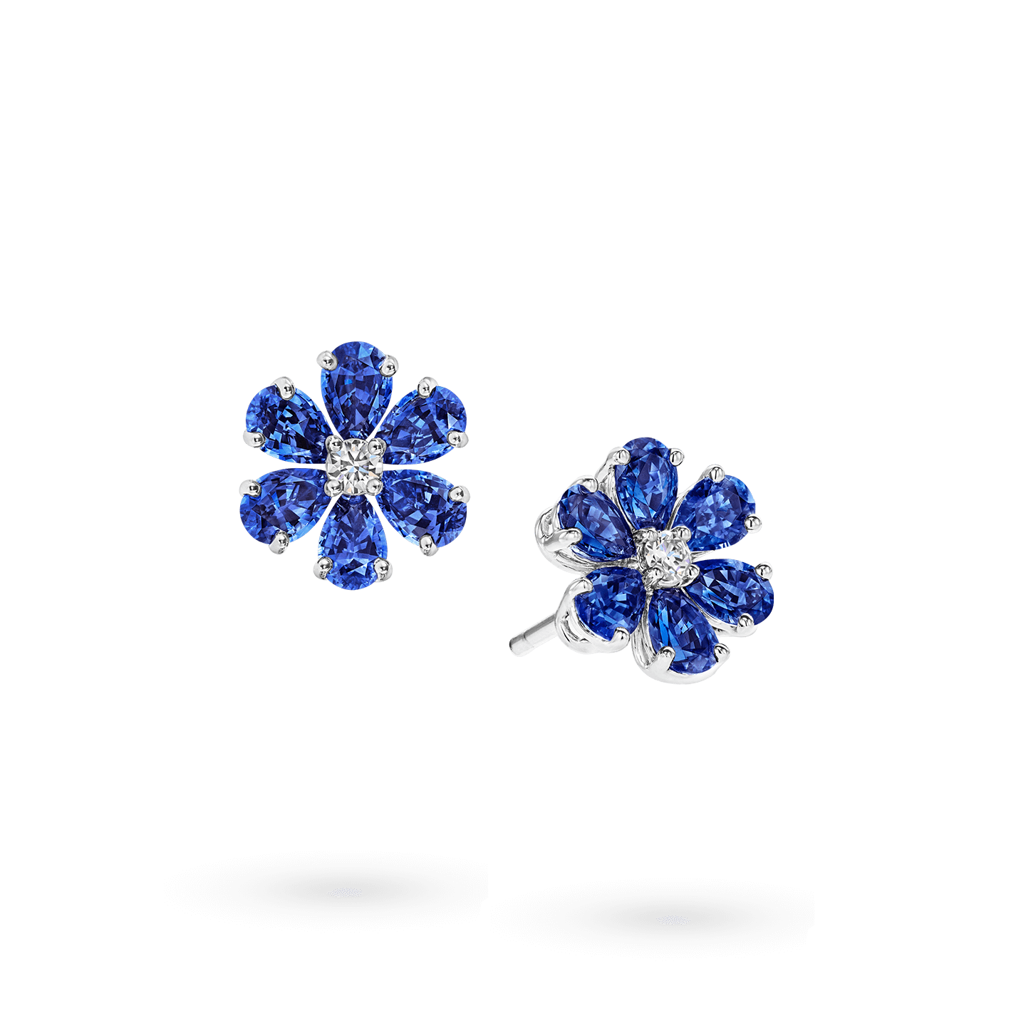 Angled view of the Forget-Me-Not Sapphire and Diamond Earrings