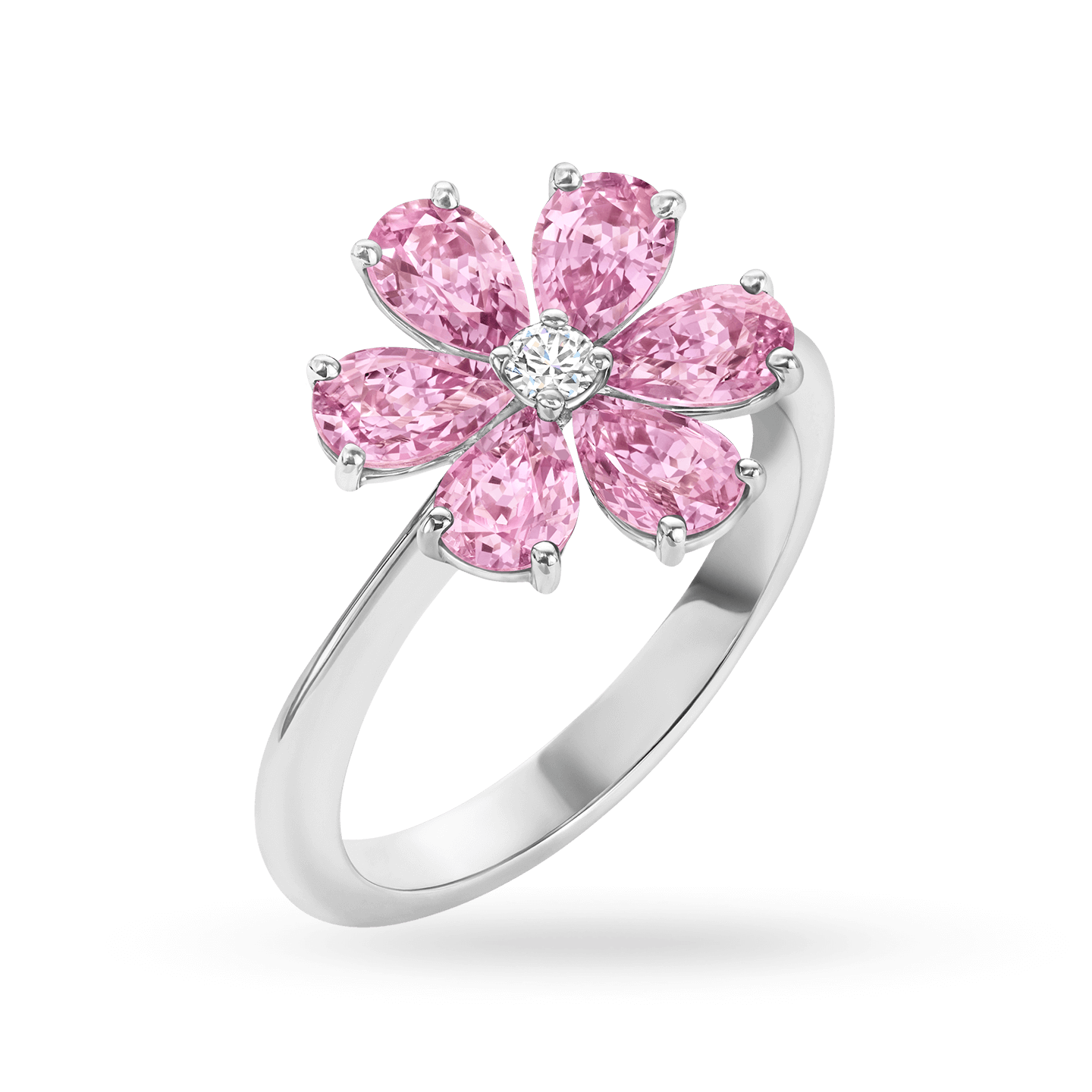 Angled view of the Forget-Me-Not Pink Sapphire and Diamond Ring