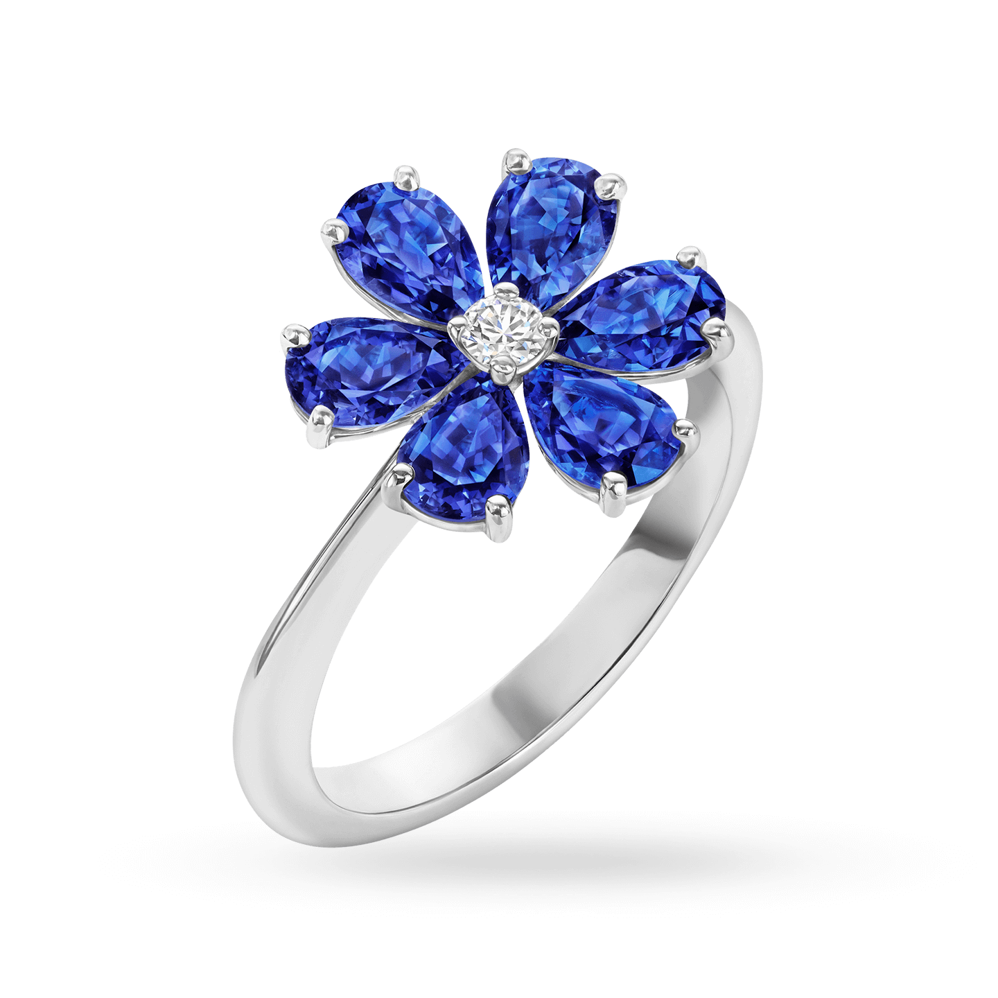 Angled view of the Forget-Me-Not Sapphire and Diamond Ring