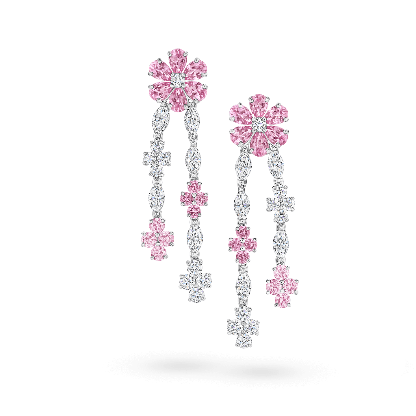Front view of the Forget-Me-Not Pink Sapphire and Diamond Drop Earrings