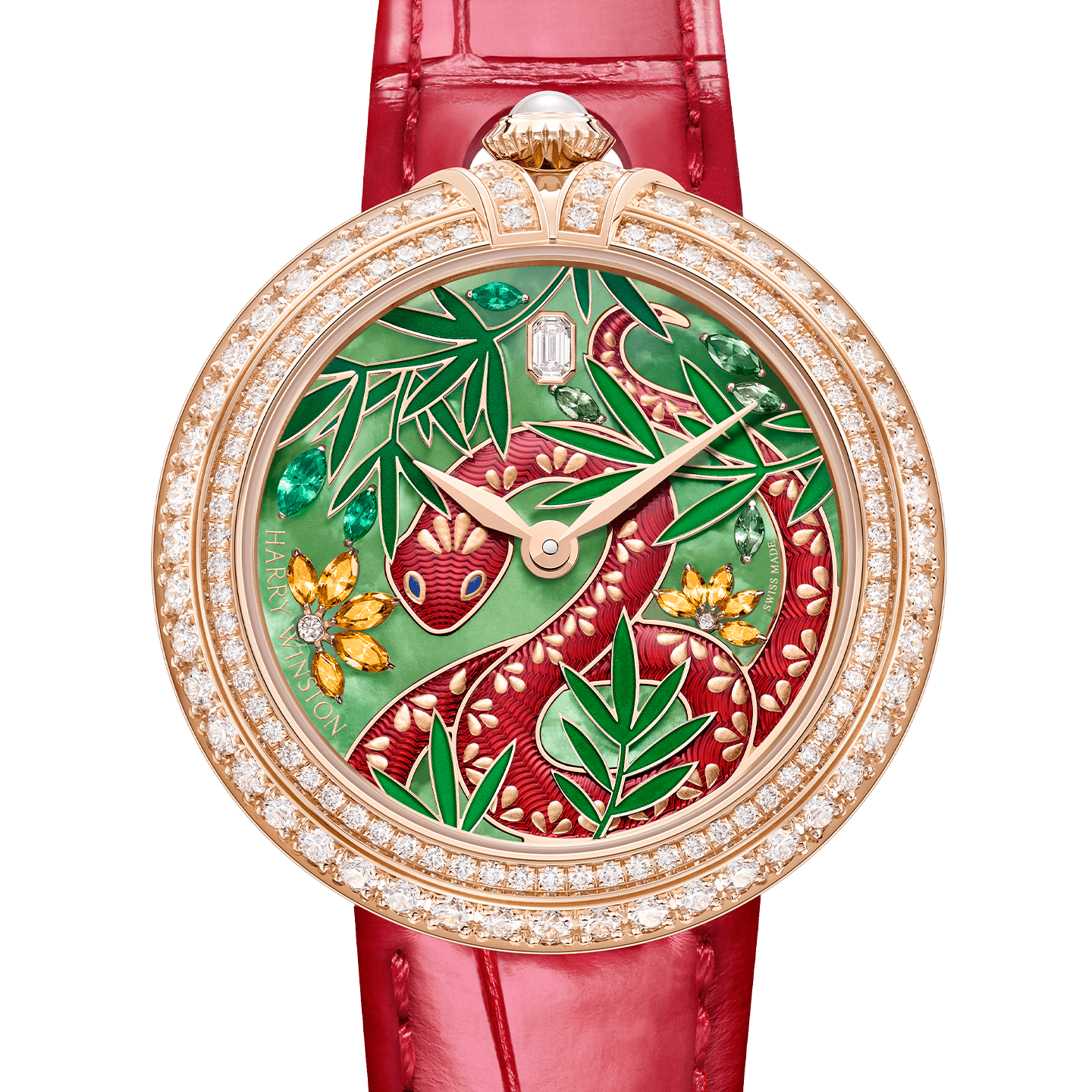 Chinese New Year Automatic 36mm 2025 with red snake on a green dial zoomed in