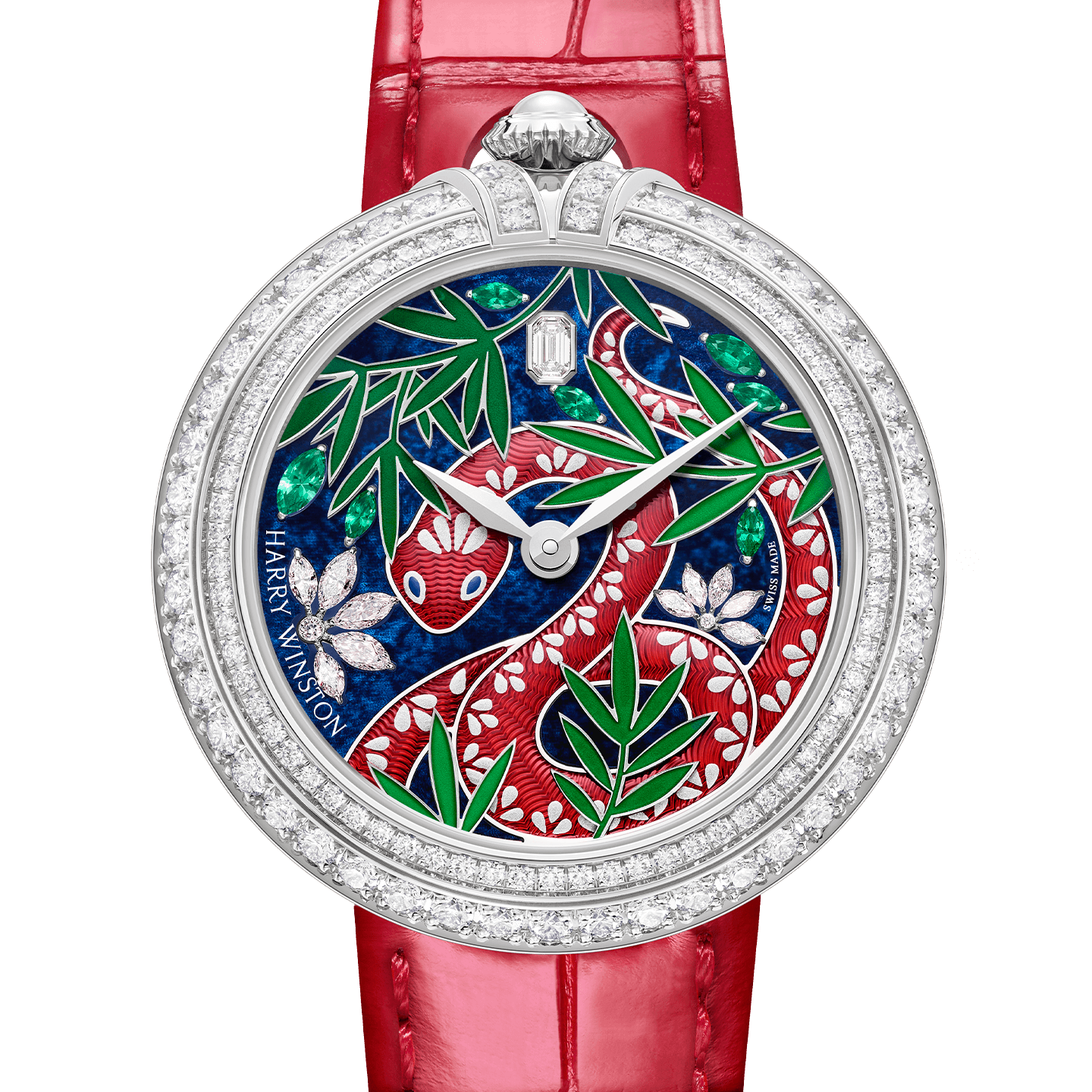 Chinese New Year Automatic 36mm 2025 with red snake on a blue dial zoomed in