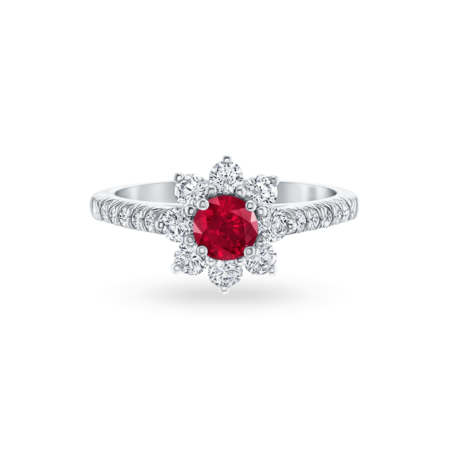 Front view of the Sunflower Petite Ruby and Diamond Ring