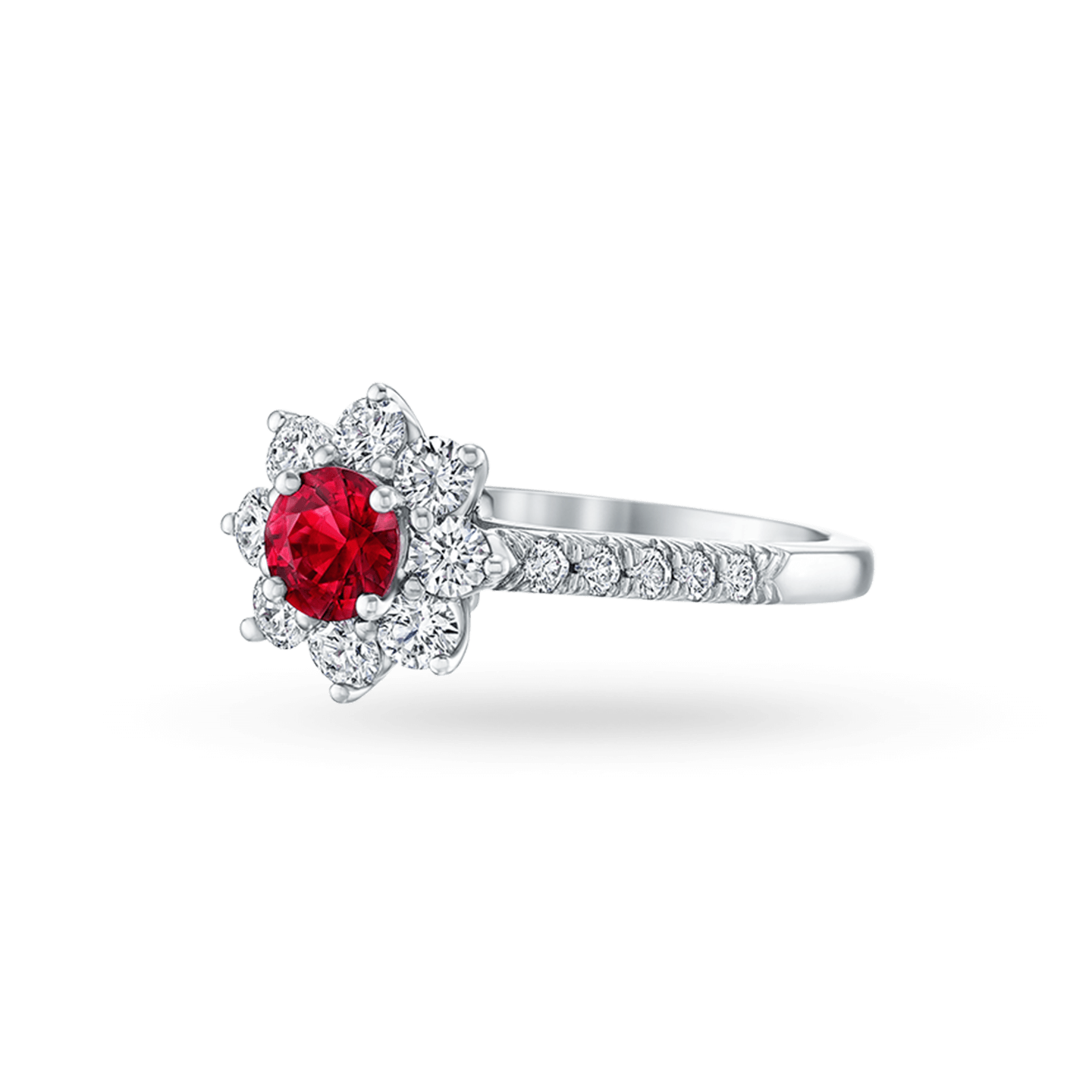 Angled view of the Sunflower Petite Ruby and Diamond Ring