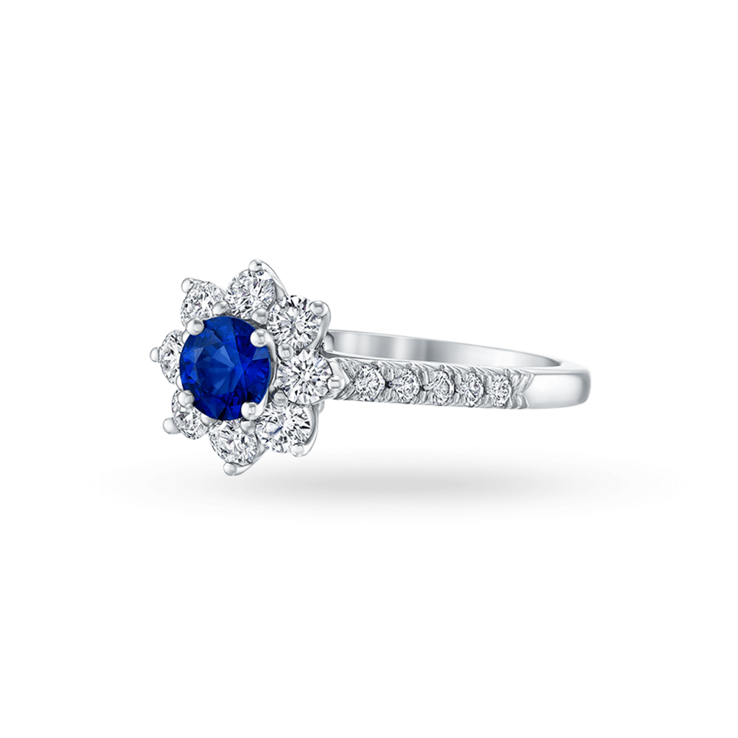 Angled view of the Sunflower Petite Sapphire and Diamond Ring