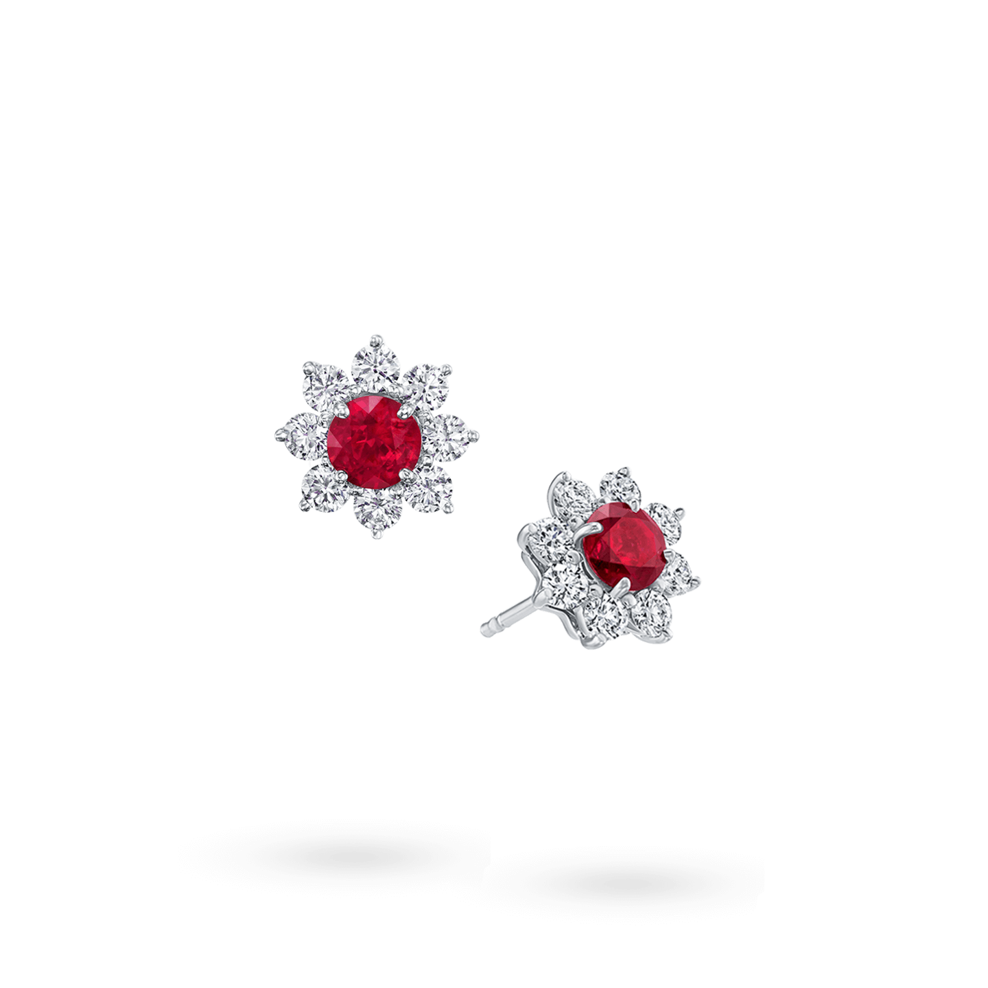 Angled view of the Sunflower Petite Ruby and Diamond Earrings